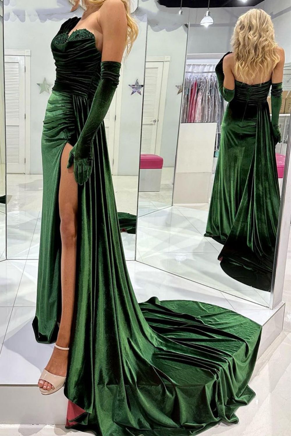 Weitese Stylish Mermaid Sweetheart Dark Green Velvet Prom Dress with Split Front